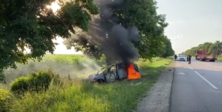 (ВИДЕО) У трассы в Оргееве загорелось авто. Внутри находились водитель и пассажиры, включая двоих детей