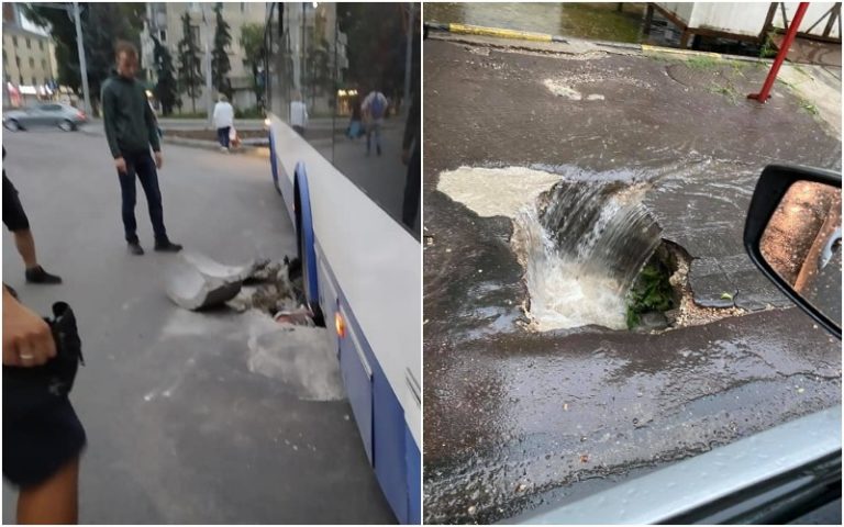 На дорогах в Кишиневе из-за ливня образовались огромные ямы. Транспорт застревает