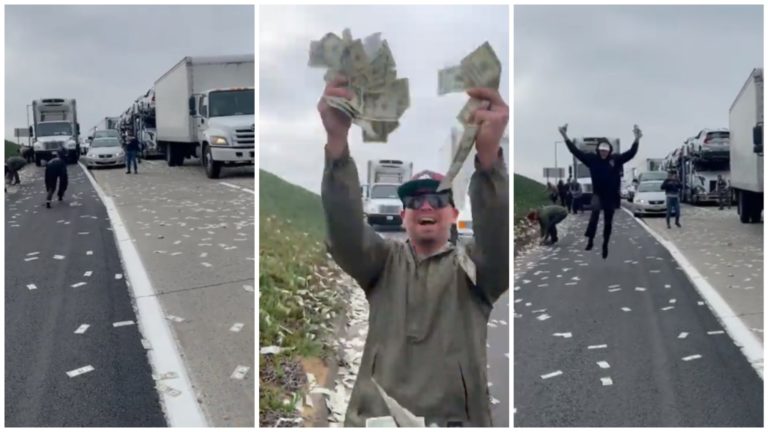 (ВИДЕО) Дождь из денег в США. Из автомобиля на шоссе случайно выпали 2 сумки с деньгами