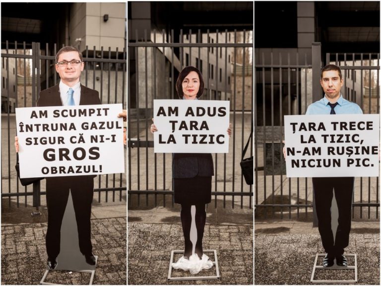 (ФОТО) Партия «Шор» организовала акцию протеста у MoldovaGaz с картонными фигурами Санду, Гросу и Попшоя