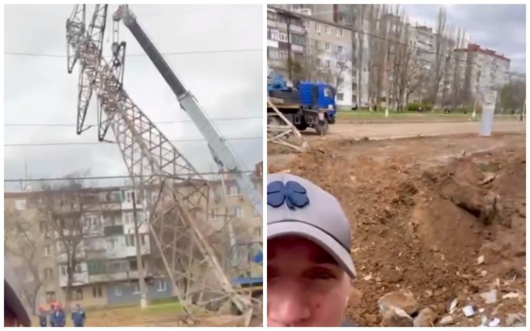 (ВИДЕО) В Николаеве снаряд попал в электрическую опору. Мэр показал воронку от удара