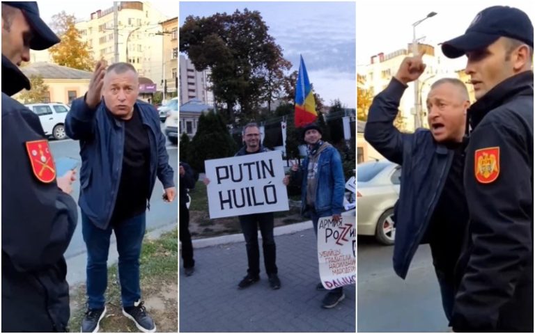 (ВИДЕО) Участник войны в Приднестровье устроил скандал из-за плаката «Путин х..ло» у посольства России в Кишиневе