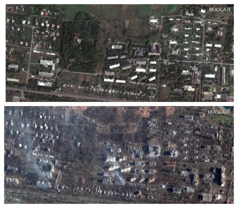 (ФОТО) Maxar опубликовала спутниковые снимки разбомбленного посёлка под Бахмутом