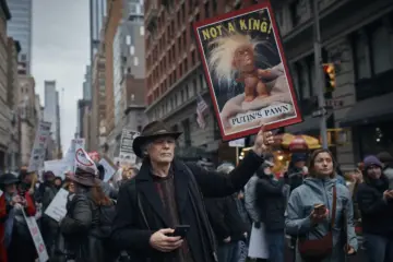 анти-Трамп протест Нью-Йорк 5 апреля 2025