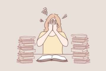 стресс перед экзаменом, иллюстрация с ученицей и книгами