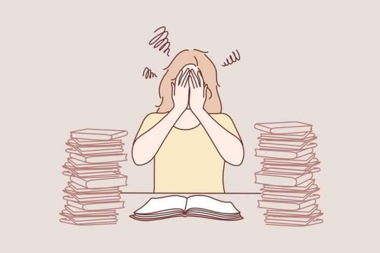 стресс перед экзаменом, иллюстрация с ученицей и книгами