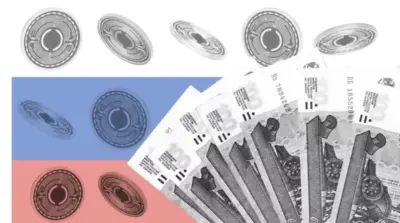 Коллаж с изображением криптовалюты и российских рублей