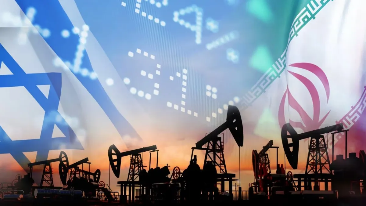 Добыча нефти, флаги Израиля и Ирана, проценты котировок