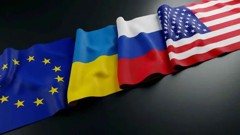 флаги ес, украины, россии и сша