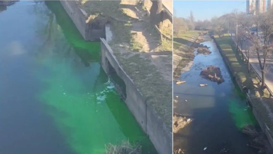 Вода в реке Бык на улице Албишоара в Кишиневе окрасилась местами в зеленый цвет.